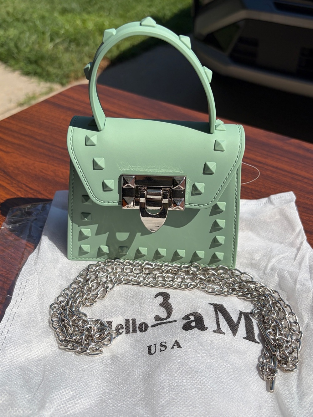 Hello 3AM Mint Green Studded Mini Handbag Crossbody Chain Strap NWT